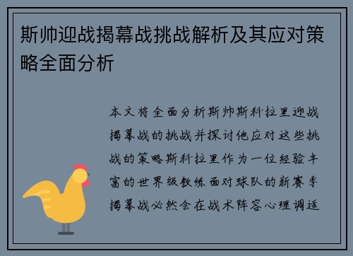 斯帅迎战揭幕战挑战解析及其应对策略全面分析